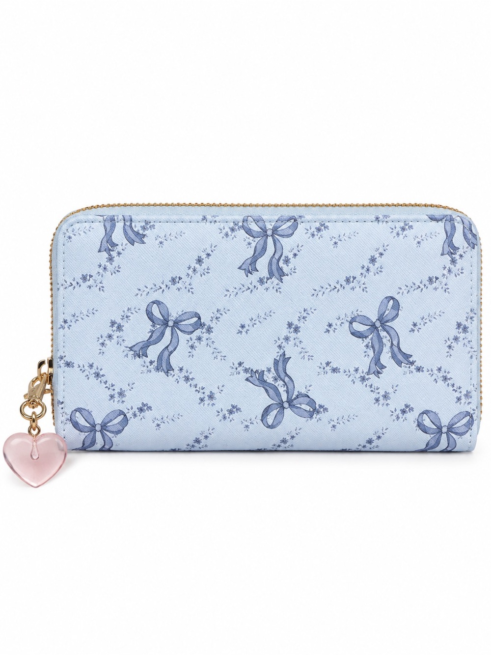Blue Floral Bow Print Zip Wallet with charm